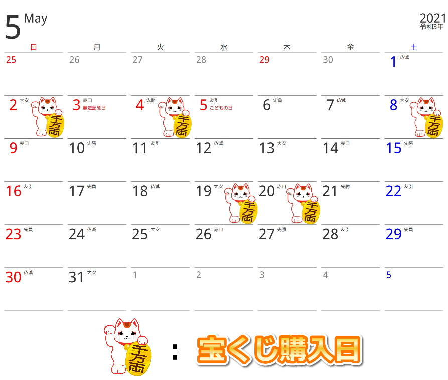 宝くじ カレンダー 21年 開運招福カレンダー 六曜 一粒万倍日 天赦日他全部入り 令和2年